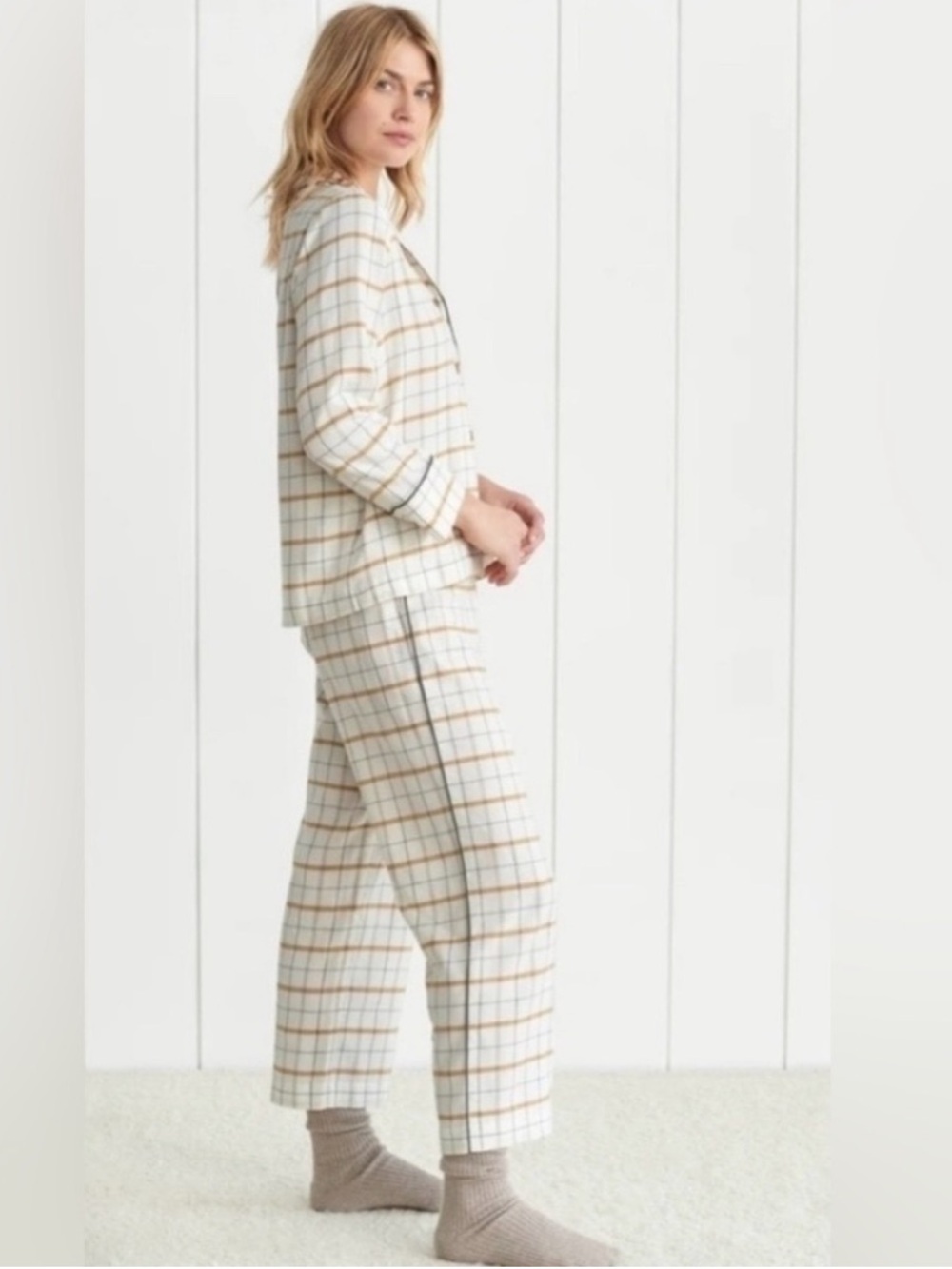 Jenni Kayne Cream Plaid Pajama Set with Tan and Gray Lines